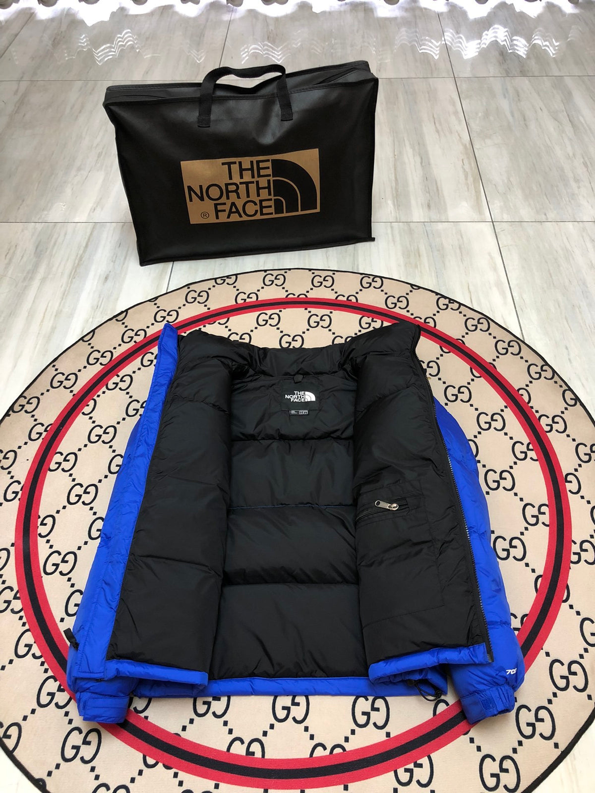 The North Face Royal Blue and Black Colorblock Stand Collar Puffer Jacket
