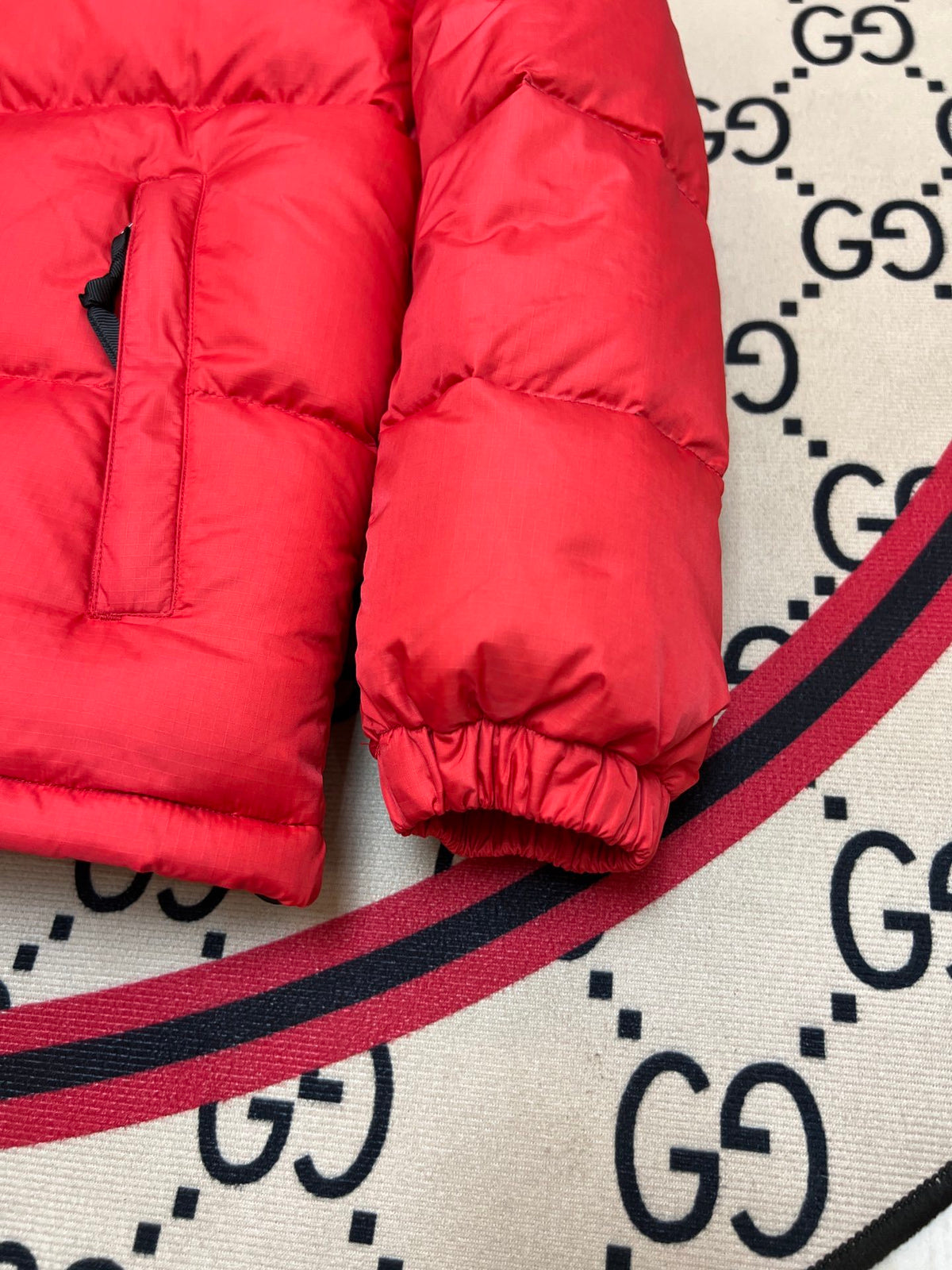 The North Face Red and Black Colorblock Stand Collar Puffer Jacket