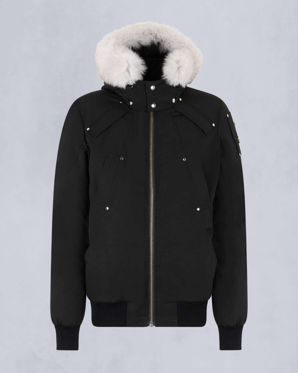Moose Knuckles Black White Fur-Trim Hooded Bomber Jacket
