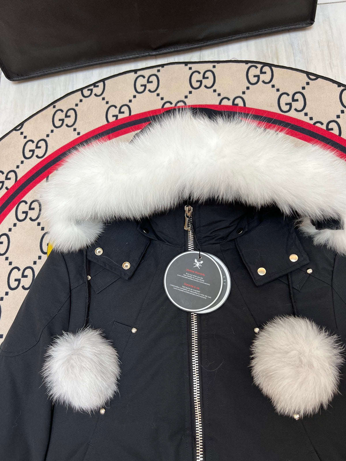 Moose Knuckles Black Pom-Pom Fur-Trim Hooded Bomber Jacket