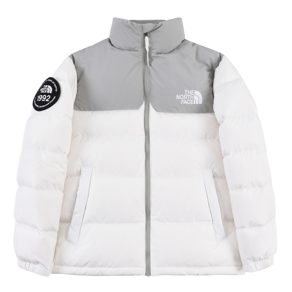 The North Face White and Light Gray Colorblock Stand Collar Puffer Jacket