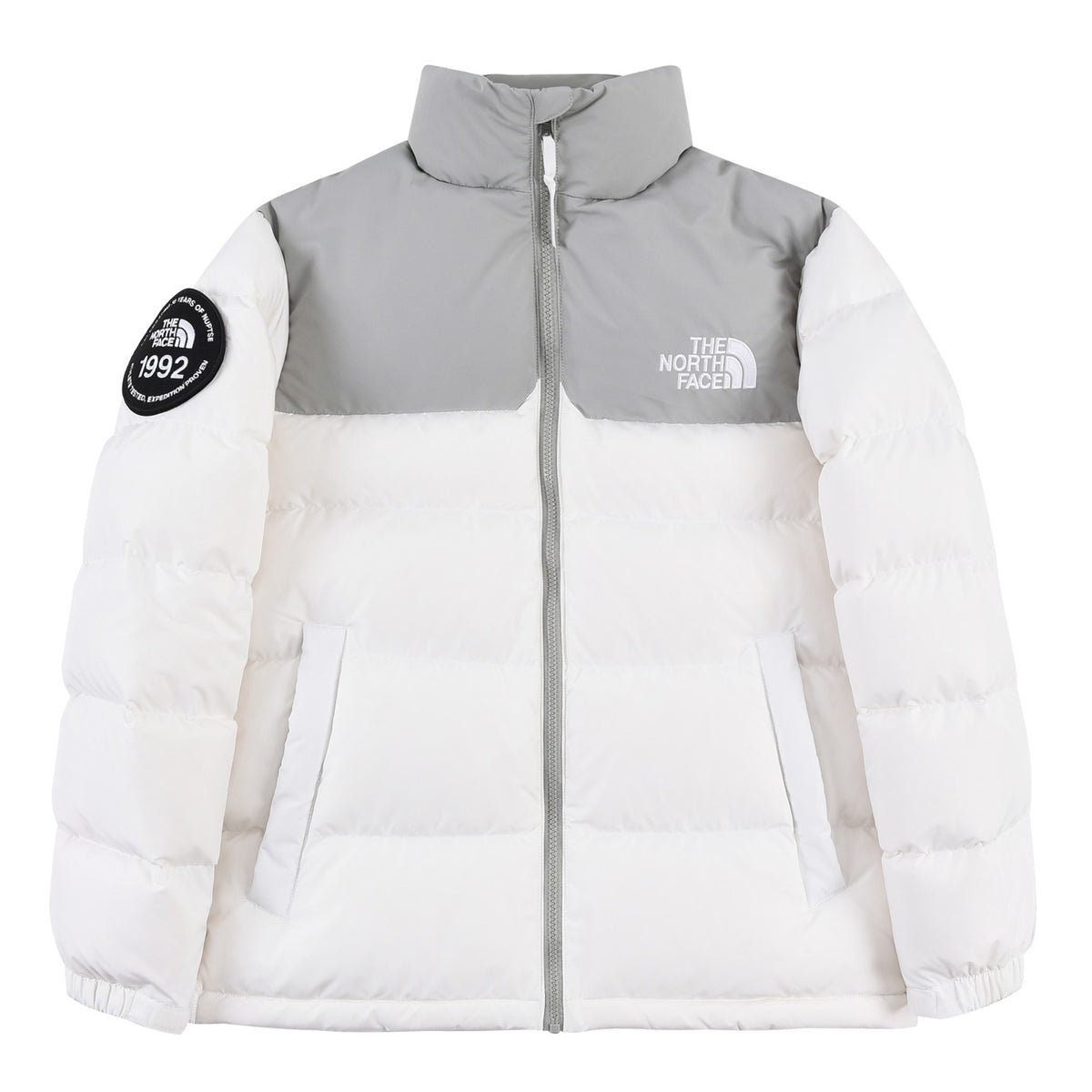 The North Face White and Light Gray Colorblock Stand Collar Puffer Jacket