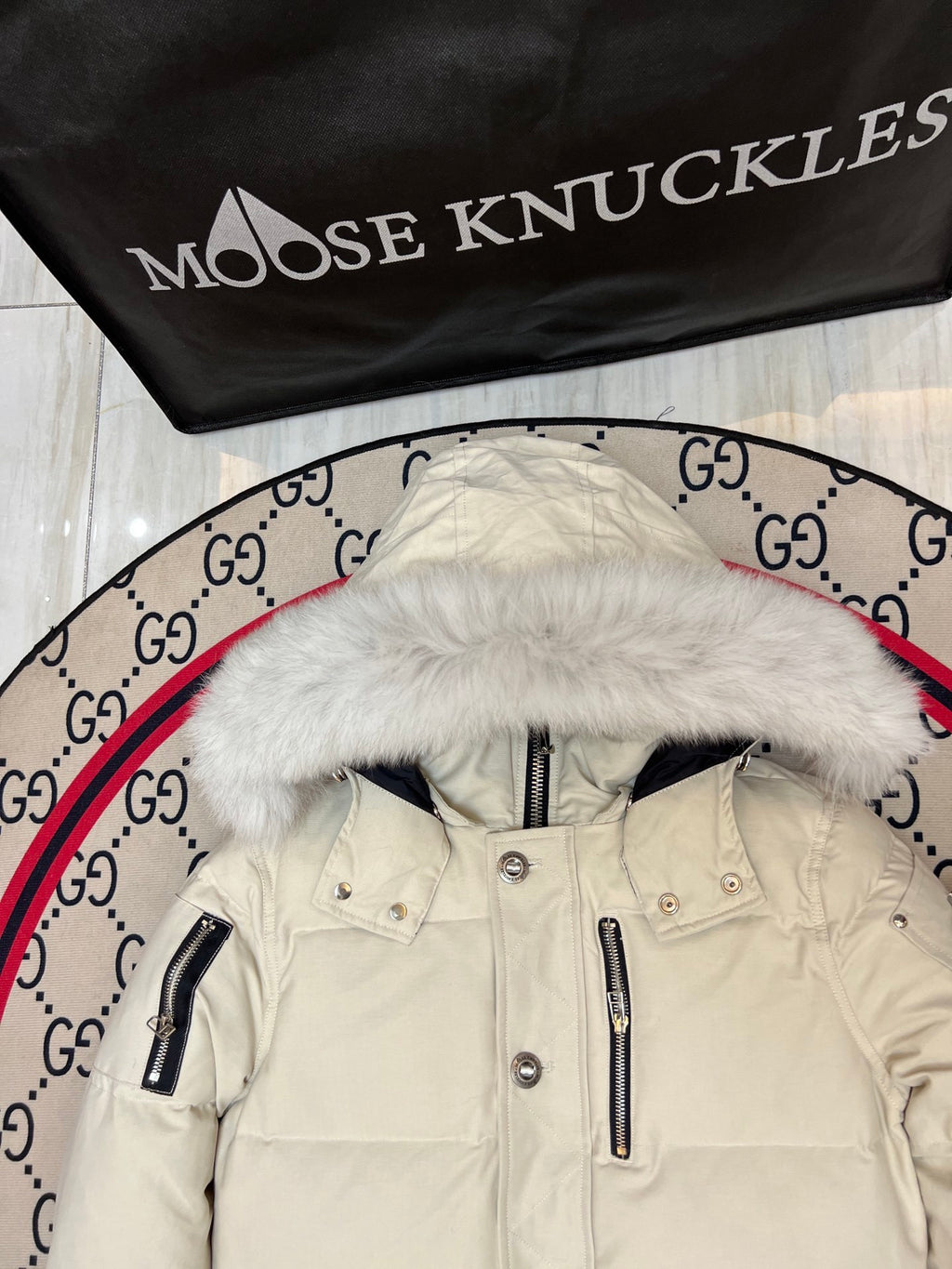 Moose Knuckles Ivory White Fur-Trim Hooded Puffer Jacket