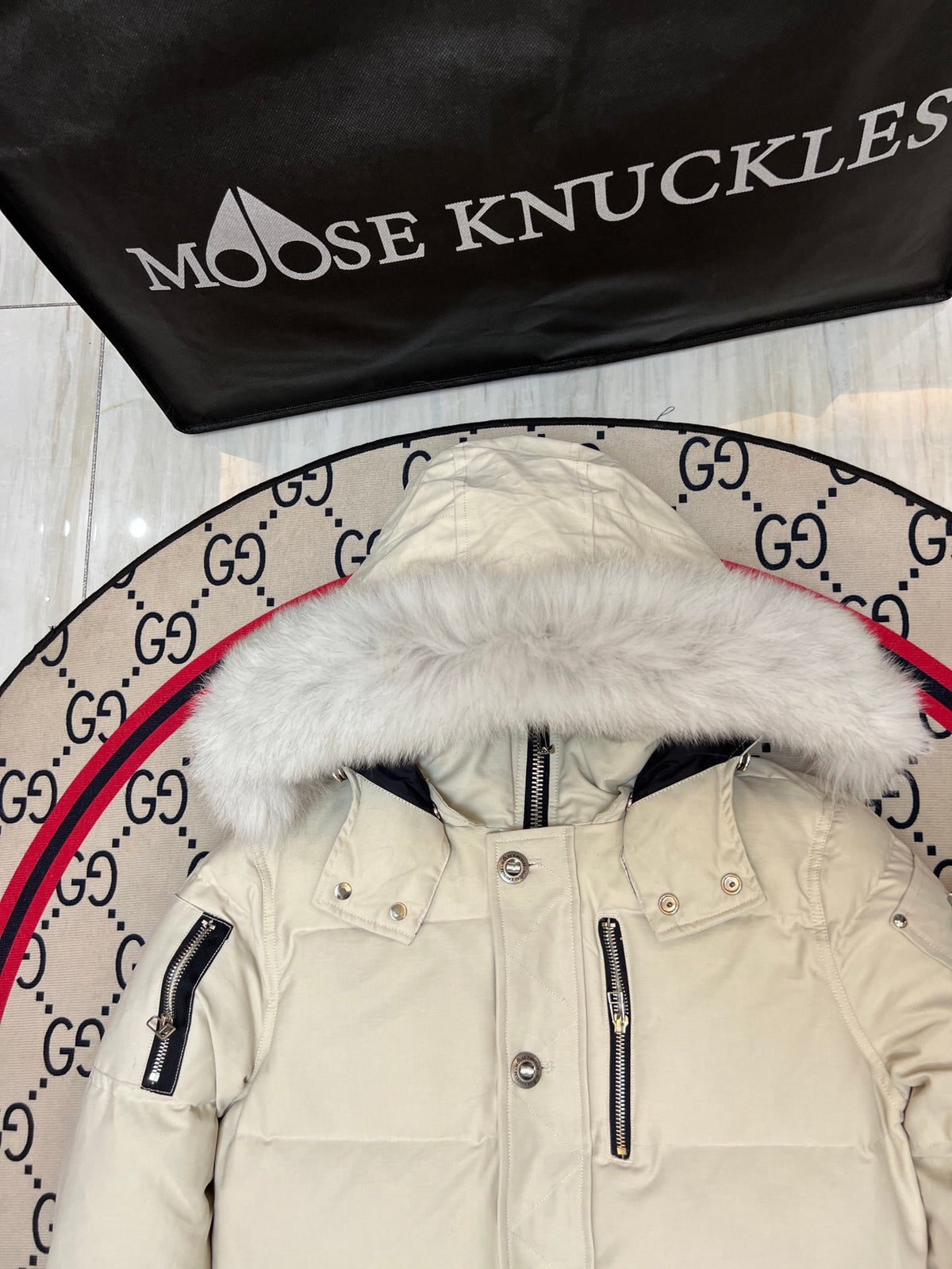 Moose Knuckles Ivory White Fur-Trim Hooded Puffer Jacket