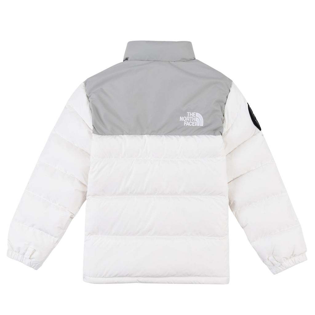 The North Face White and Light Gray Colorblock Stand Collar Puffer Jacket