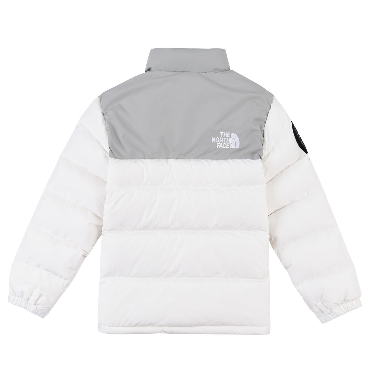 The North Face White and Light Gray Colorblock Stand Collar Puffer Jacket