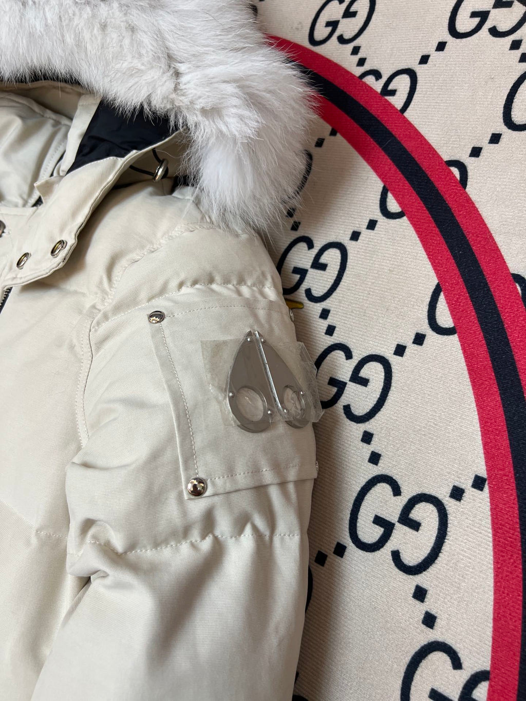 Moose Knuckles Ivory White Fur-Trim Hooded Puffer Jacket