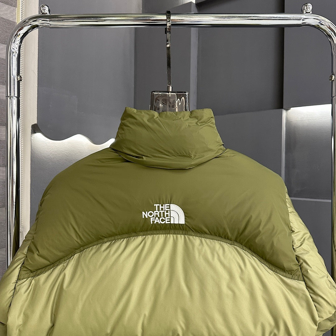 The North Face Olive Green Two-Tone Stand Collar Puffer Jacket