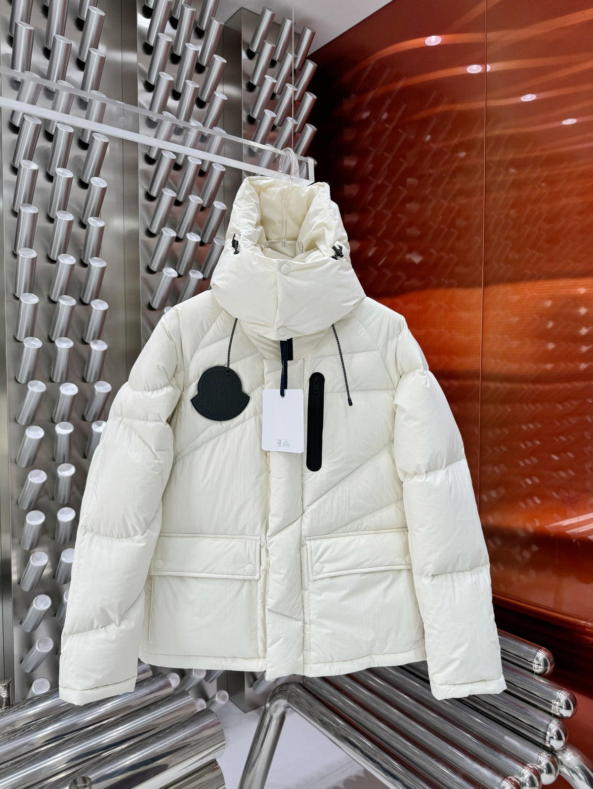 Moncler Ivory White Black Logo Asymmetric Quilted Hooded Puffer Jacket