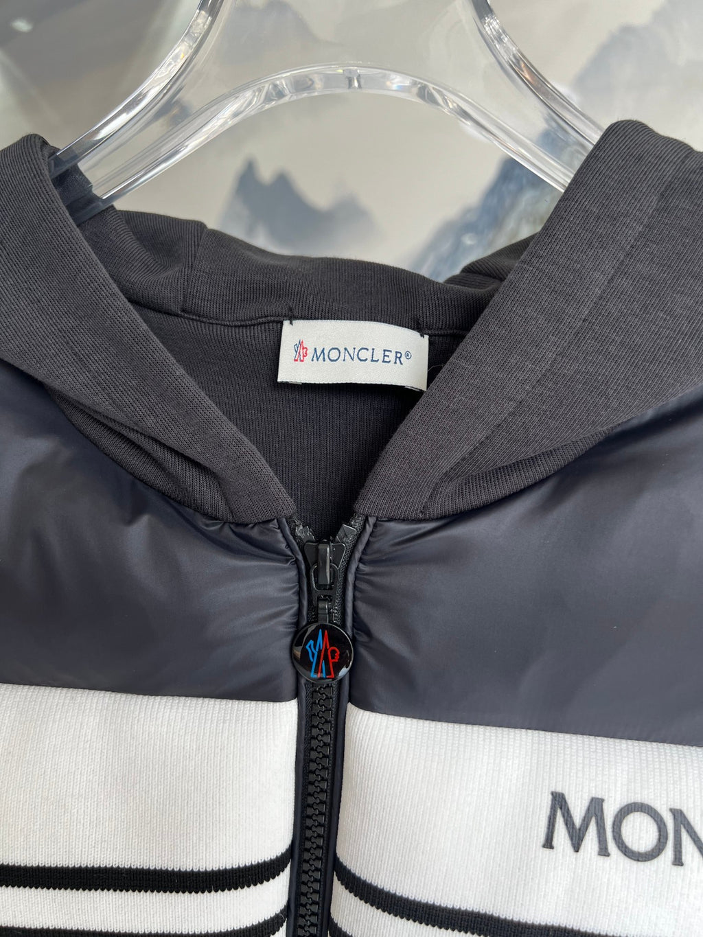 Moncler Black and White Striped Quilted Front Hooded Jacket