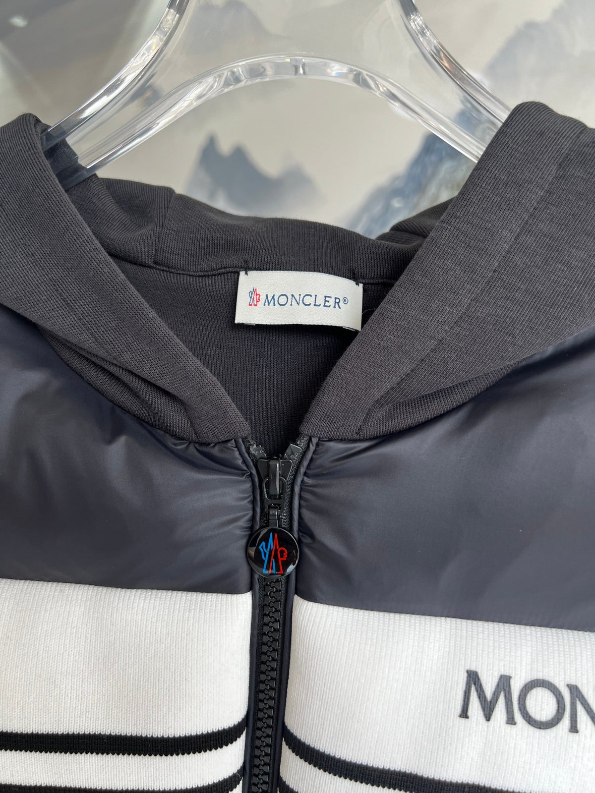 Moncler Black and White Striped Quilted Front Hooded Jacket