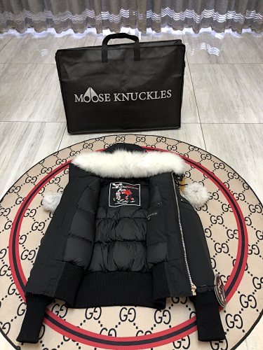 Moose Knuckles Black Pom-Pom Fur-Trim Hooded Bomber Jacket