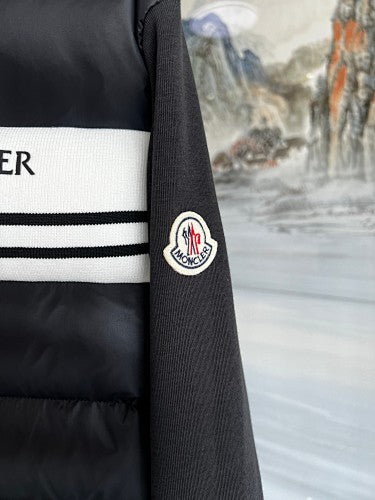 Moncler Black and White Striped Quilted Front Hooded Jacket