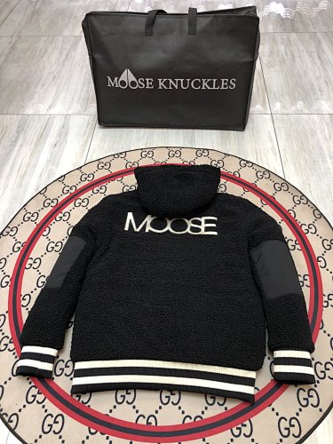 Moose Knuckles Black and White Hooded Teddy Fleece Bomber Jacket