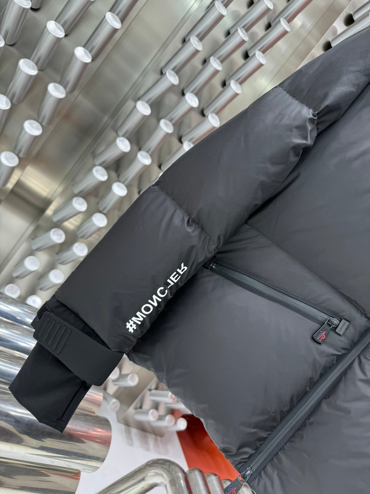 Moncler Black White Graphic Logo Stand Collar Puffer Jacket