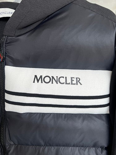 Moncler Black and White Striped Quilted Front Hooded Jacket