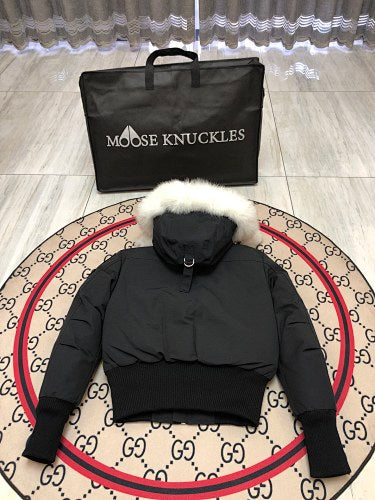 Moose Knuckles Black Pom-Pom Fur-Trim Hooded Bomber Jacket