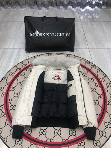 Moose Knuckles Ivory White Fur-Trim Hooded Bomber Jacket