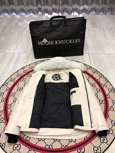 Moose Knuckles Ivory White Fur-Trim Hooded Puffer Jacket
