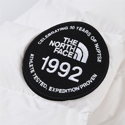 The North Face White and Light Gray Colorblock Stand Collar Puffer Jacket