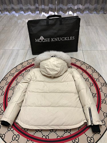 Moose Knuckles Ivory White Fur-Trim Hooded Puffer Jacket