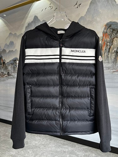 Moncler Black and White Striped Quilted Front Hooded Jacket