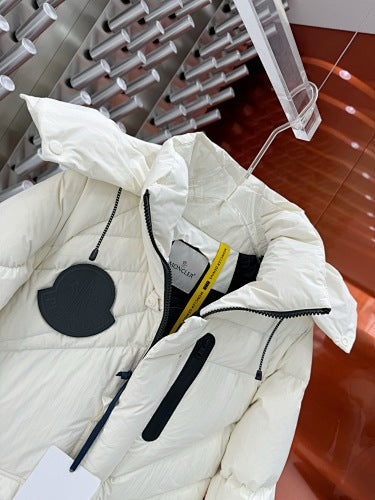 Moncler Ivory White Black Logo Asymmetric Quilted Hooded Puffer Jacket