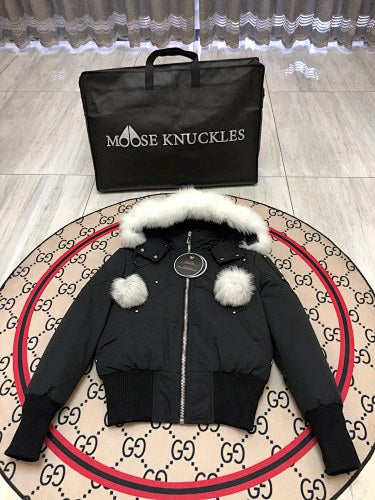 Moose Knuckles Black Pom-Pom Fur-Trim Hooded Bomber Jacket