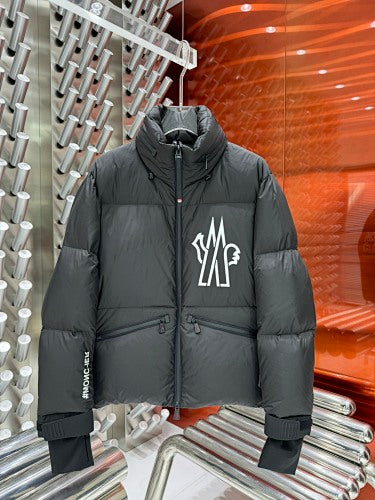 Moncler Black White Graphic Logo Stand Collar Puffer Jacket