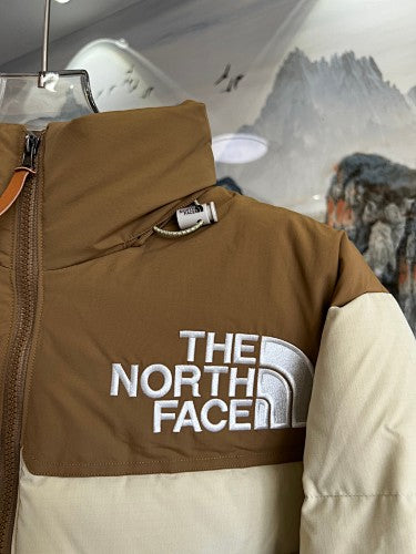 The North Face Ivory and Brown Colorblock Stand Collar Puffer Jacket