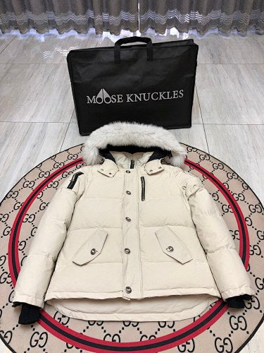 Moose Knuckles Ivory White Fur-Trim Hooded Puffer Jacket