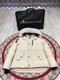 Moose Knuckles Ivory White Fur-Trim Hooded Puffer Jacket