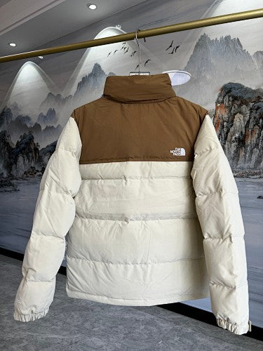 The North Face Ivory and Brown Colorblock Stand Collar Puffer Jacket