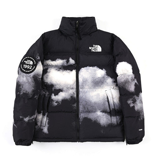 The North Face Black and White Cloud Print Stand Collar Puffer Jacket