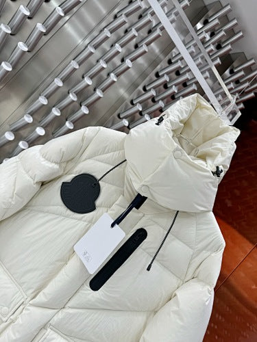 Moncler Ivory White Black Logo Asymmetric Quilted Hooded Puffer Jacket