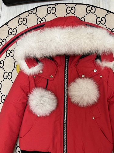 Moose Knuckles Red Pom-Pom Fur-Trim Hooded Bomber Jacket