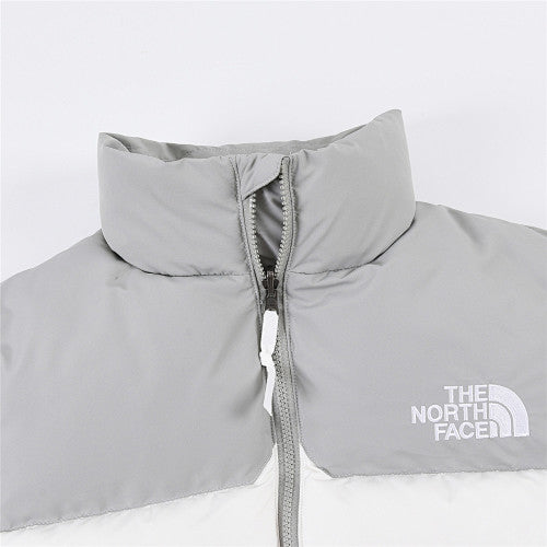 The North Face White and Light Gray Colorblock Stand Collar Puffer Jacket