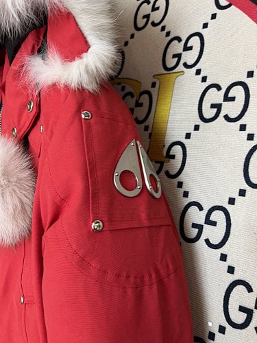 Moose Knuckles Red Pom-Pom Fur-Trim Hooded Bomber Jacket