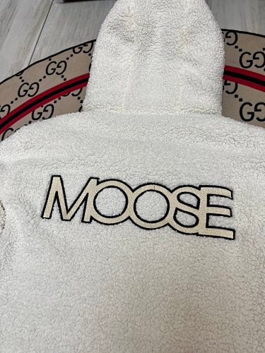 Moose Knuckles White and Black Hooded Teddy Fleece Bomber Jacket