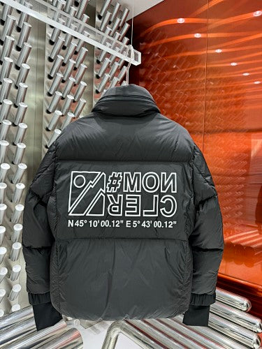 Moncler Black White Graphic Logo Stand Collar Puffer Jacket