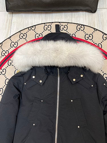 Moose Knuckles Black Fur-Trim Hooded Bomber Jacket