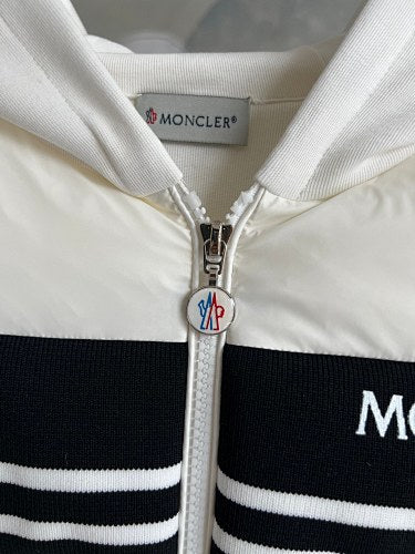 Moncler White and Black Striped Quilted Front Hooded Jacket