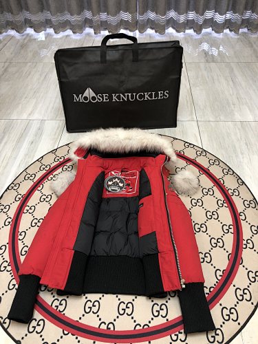 Moose Knuckles Red Pom-Pom Fur-Trim Hooded Bomber Jacket