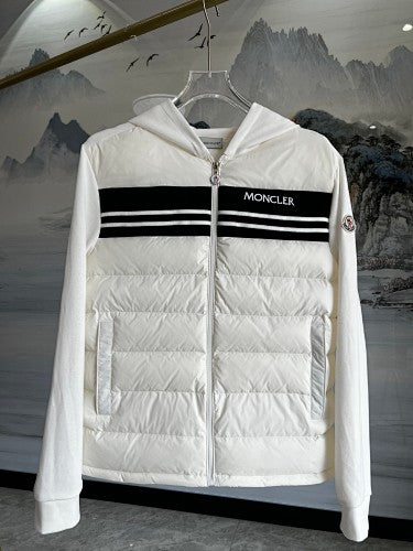Moncler White and Black Striped Quilted Front Hooded Jacket