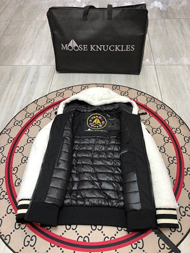 Moose Knuckles White and Black Hooded Teddy Fleece Bomber Jacket