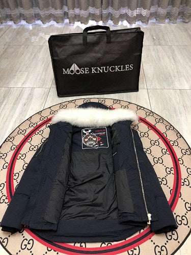 Moose Knuckles Navy Blue Fur-Trim Hooded Puffer Jacket