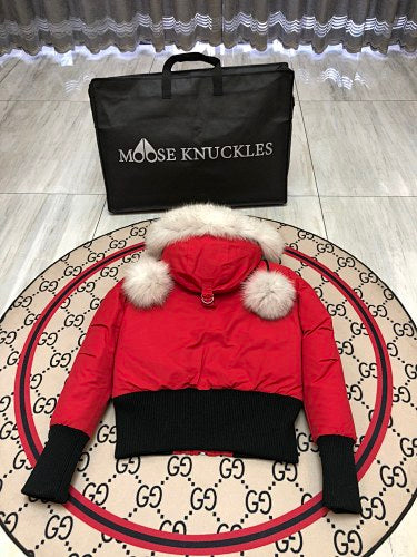 Moose Knuckles Red Pom-Pom Fur-Trim Hooded Bomber Jacket