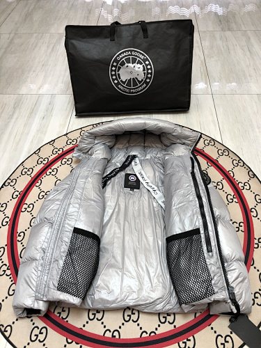 Canada Goose Metallic Silver Glossy Hooded Puffer Jacket
