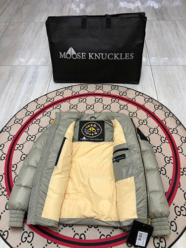 Moose Knuckles Light Sage Green Stand Collar Quilted Puffer Jacket