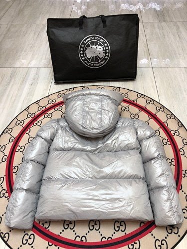 Canada Goose Metallic Silver Glossy Hooded Puffer Jacket